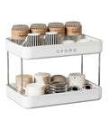Coffee Bar Organizer Station With 2 Tier Mug Rack And Removable Drain Tray, shown with cups and mugs on two shelves.