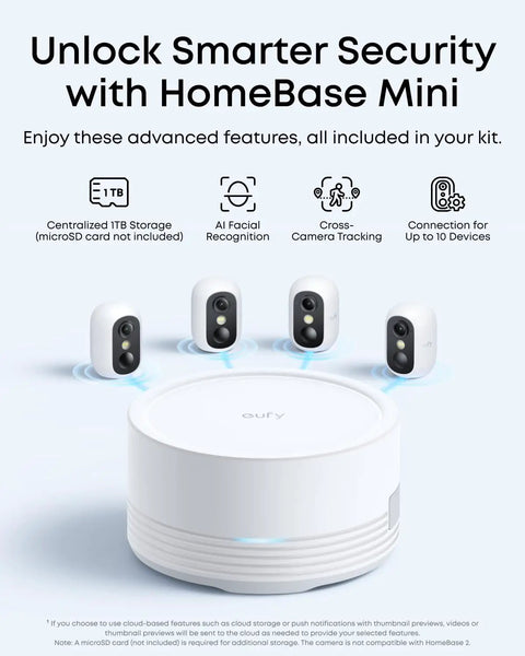 Security Camera Kit With Four Cameras Wireless Indoor Outdoor Surveillance System with HomeBase Mini shown