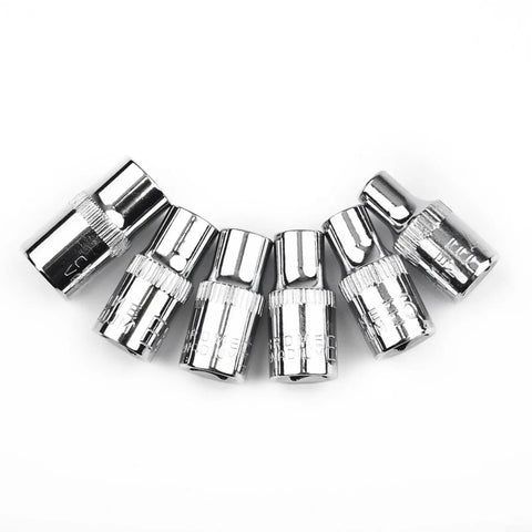 Six Piece Heat Treated Steel E Socket Set With 1/4 Drive For Heavy Duty Mechanics Gear That Lasts And Grips Tight On Bolts So You Can Fix Things Fast Like A Pro. six chrome sockets on white background