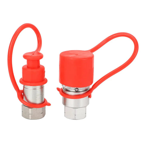 Grab This Beefy Pair Of 1/4 Inch NPT Flat Face Hydraulic Quick Couplers Made Tough Carbon Steel For High Pressure Worksite Rigging Rated 5076 PSI Boss Mode With Dust Caps To Lock And Seal Like A Pro On Any Job Site Grind. 1/4 NPT coupler pair with red dust caps