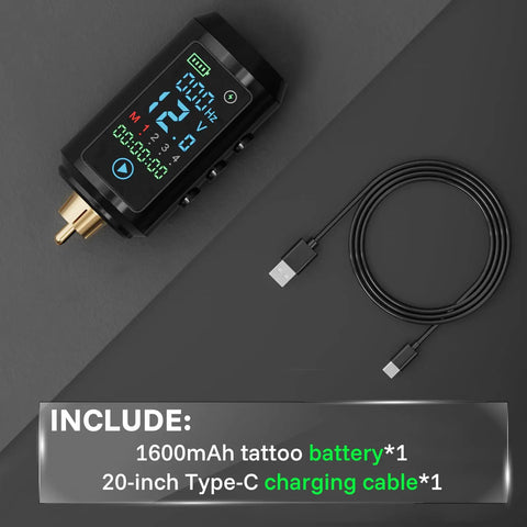 Wireless Tattoo Battery Pack 1600mAh Ultra Light 55g Portable Power Supply For Beginners RCA Compatible Cordless Ink Sessions Ideal For Studio Conventions And On The Go, black with Type-C cable