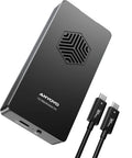 Premium M2 NVMe SSD Enclosure With Built In Cooling Fan Thunderbolt 5 4 3 And USB4 Compatible, black aluminum chassis with cooling vents.