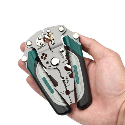Tough As Nails Foldable Wire Strippers And Cutter Crimper Tool For Electrical Cable Work, held in hand, compact steel design.