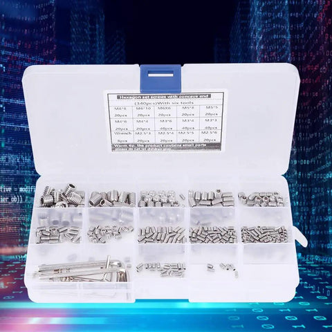 340 Piece Stainless Steel Set Screw Kit With Hex Adapters And Six Wrenches For M2.5 To M8 Machine Screws in plastic case
