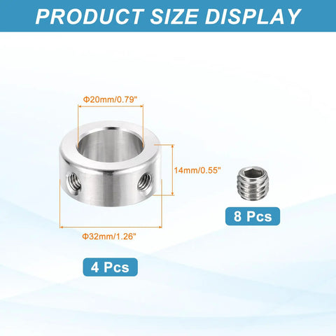 Stainless Steel Shaft Collar 4 Pack Heavy Duty For Gearboxes And Machine Tools 20mm Inner Diameter 32mm Outer Diameter 14mm Thick Double Hole Bore Locking Collars For Shafts, 20mm ID, 32mm OD