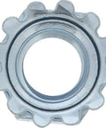 Heavy Duty Zinc Plated Steel Keps Lock Nuts With Captive Toothed Flange Number 10-32 Fine Thread close-up view, showcasing toothed design.