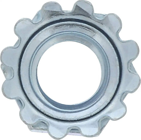 Heavy Duty Zinc Plated Steel Keps Lock Nuts With Captive Toothed Flange Number 10-32 Fine Thread close-up view, showcasing toothed design.