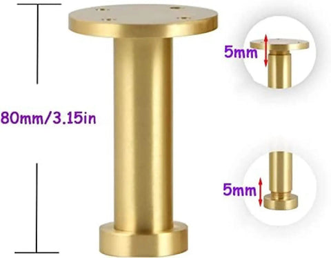 Four Pack Adjustable Solid Brass Furniture Legs For Sofa, Cabinet, Coffee Table, TV Stand, Bathroom Cabinet And More - Gold Finish 250mm 9.84in Heavy Duty Metal Sofa Support Legs, 80mm diameter in gold finish.