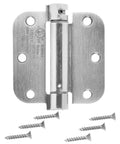 Self-Closing Door Hinge For Standard Doors Satin Nickel Finish Three And A Half Inch By Three And A Half Inch Five Eighths Inch Radius One Piece Steel Construction Hardware Included, with mounting screws
