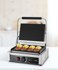 VEVOR Commercial Panini Grill 1800W Electric Sandwich Press with burgers and cheese on a non-stick enamel plate.