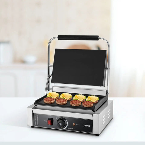 VEVOR Commercial Panini Grill 1800W Electric Sandwich Press with burgers and cheese on a non-stick enamel plate.