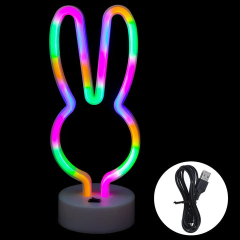Bunny Shape LED Neon Sign Totally Lit For Easter Rooms Colorful Rabbit Neon Lights USB Or Battery Powered Night Light With Base