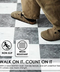 Person walking on Easy Peel And Stick Vinyl Flooring Roll In Checkered Pattern 15.7x78.7 Inches Matte Finish With Wear Layer