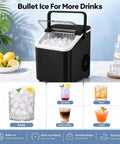 Swift As Lightning Countertop Ice Maker With Handle, drops fresh bullet ice in mere minutes, black countertop ice maker with glasses of drinks