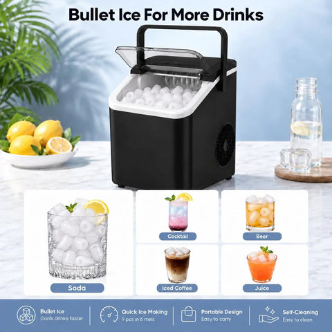 Swift As Lightning Countertop Ice Maker With Handle, drops fresh bullet ice in mere minutes, black countertop ice maker with glasses of drinks