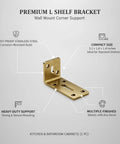 L Shaped Shelf Bracket With Wall Mount Corner Support For Kitchen And Bath Cabinets, stainless steel, gold, 3.1x1.6x1.4 inches