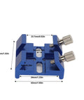 Universal Dovetail Base For Finder Scope Mount Bracket Fits C8 C8HD C925 C11HD And Sky Rover 80ED 102ED 130APO 100ED Telescopes Dual Thumbscrew Locks Stable Plate Built Tough For Sharpstar And SkyWatcher Setups Blue, close-up of blue metal base with dual thumbscrews showing measurements.