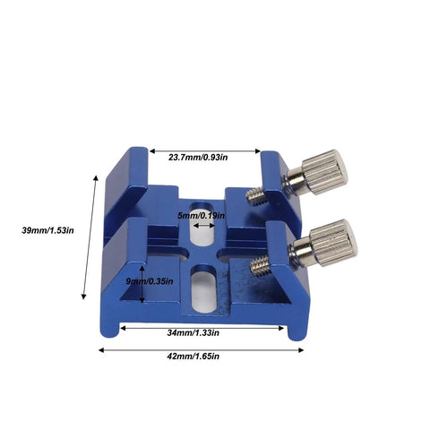 Universal Dovetail Base For Finder Scope Mount Bracket Fits C8 C8HD C925 C11HD And Sky Rover 80ED 102ED 130APO 100ED Telescopes Dual Thumbscrew Locks Stable Plate Built Tough For Sharpstar And SkyWatcher Setups Blue, close-up of blue metal base with dual thumbscrews showing measurements.