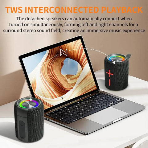 2 In 1 Magnetic Dual Splittable Bluetooth Speaker With IPX6 Waterproof Build And 20W Loud Stereo Sound next to laptop