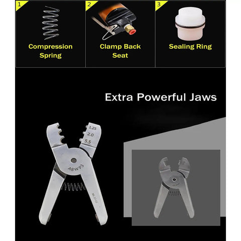 Heavy Duty Pneumatic Crimping Tool Air Powered Wire Terminal Pliers With 3 Interchangeable Heads for automotive connectors showing jaws.