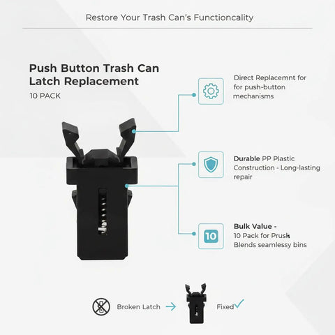 Replacement Push Button Trash Can Latch Kit for kitchen and bathroom bins crafted in durable PP plastic, black 10-pack option.