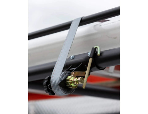 Round Tube Ladder Rack Ratchet Straps 2 Pack 7 Ft By 1-1/2 Inch With Double J Hook securing a load on a contractor rack