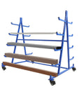 Beefy Double Sided Five Tier Horizontal Storage Rack With Wheels, 500 Pound Capacity Mobile Pipe Rack that holds lumber on five tiers.