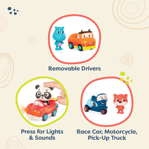 Three Pack Lil Driver Toys With Lights And Sounds Featuring Cute Animal Characters Dash The Fox Sunny The Hippo And Bingo The Panda