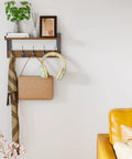 Top Tier Wall Mounted Wood Coat Rack With Five Heavy Duty Metal Hooks And Rustic Brown Shelf For Bedroom Bathroom Entryway No Sweat Setup Ultimate Daily Storage Solution Super Durable, featuring hooks with a bag and headphones.
