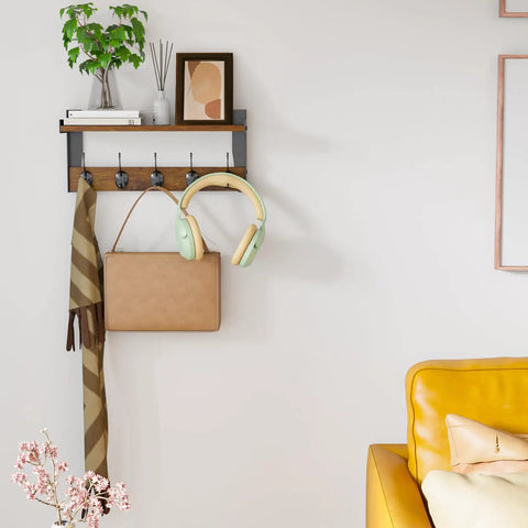 Top Tier Wall Mounted Wood Coat Rack With Five Heavy Duty Metal Hooks And Rustic Brown Shelf For Bedroom Bathroom Entryway No Sweat Setup Ultimate Daily Storage Solution Super Durable, featuring hooks with a bag and headphones.