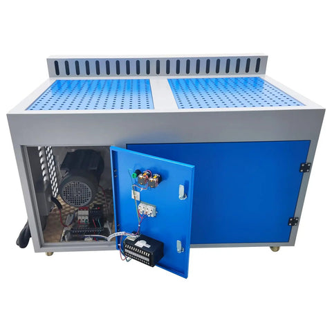 Heavy Duty Metal Working Downdraft Table With Side Suction Plate And Dust Collection Drum For Welding Grind Stations 2.2KW 220V, showing perforated surface and internal motor.