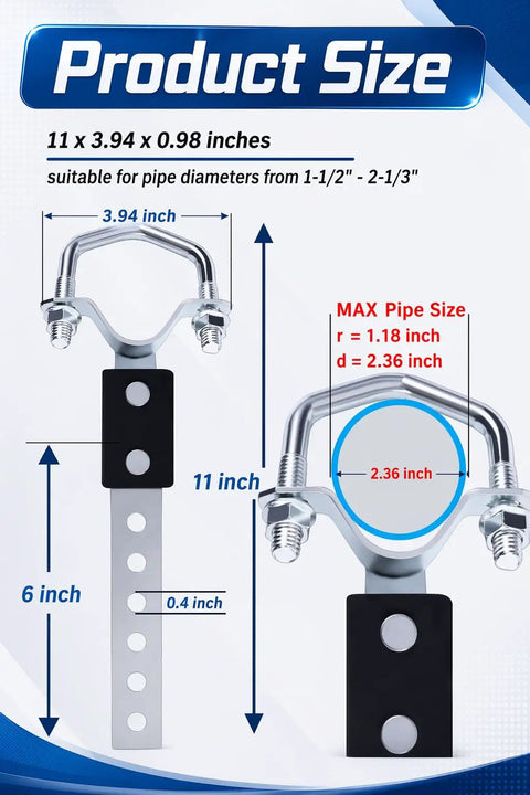 Beefy Heavy Duty Universal Exhaust Hanger Kit with heat resistant rubber pads for 1 to 2.36 inch pipes shown with dimensions.