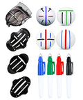 Image of Eight Pack Golf Ball Marker Kit with line stencils, semi sphere stencils, and color markers for alignment and identification.