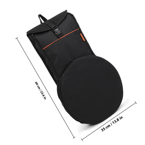 Road Ready Oxford Fabric Drum Storage Bag With Hella Tough Waterproof Seams For Packing Sticks Pedals And Percussion Gear On Long Haul Tours Or Weekend Campouts, shown from the side, black design measuring 60 cm by 35 cm.