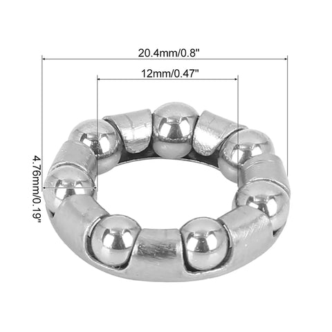 4 Pack Bicycle Ball Bearing Retainers With 7 Balls Each, Steel Cages For Crank And Wheel Bearings, Outer 20.4mm Inner 12mm, shown.