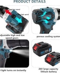 Heavy Duty 2 In 1 Cordless Rivet Nut Gun With Two 5200mAh Batteries showing adjustable gears and large capacity batteries.