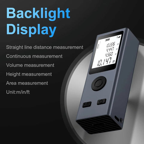 Pocket Size Laser Distance Meter 164 Ft Range USB Rechargeable with backlight display for precise area measurements.
