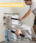 Real Deal 32 Inch Flip Up Toilet Safety Handle In Brushed Nickel Featuring Built In Paper Dispenser and Anti Slip Rubber Knobs Beefy 304 Stainless Steel Construction For Dependable Handicap Assistance And Wheelchair Accessible Restroom Design with silicone sheath.