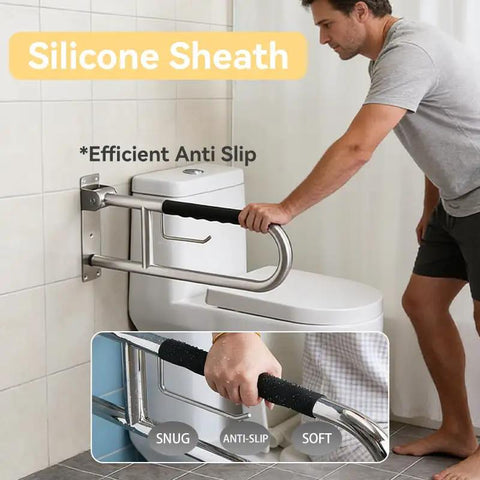 Real Deal 32 Inch Flip Up Toilet Safety Handle In Brushed Nickel Featuring Built In Paper Dispenser and Anti Slip Rubber Knobs Beefy 304 Stainless Steel Construction For Dependable Handicap Assistance And Wheelchair Accessible Restroom Design with silicone sheath.