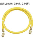 Front view of yellow refrigerant charging hose, 0.9 m length, 1/4 SAE flare fittings, brass connectors for HVAC.