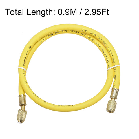 Front view of yellow refrigerant charging hose, 0.9 m length, 1/4 SAE flare fittings, brass connectors for HVAC.