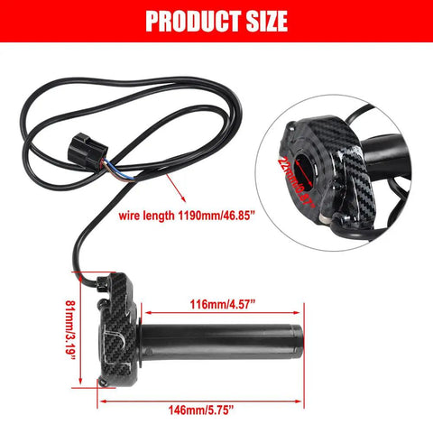 Imitation Carbon Fiber Throttle Handle Kit With Quick Twist Grips And Cable For Electric Dirt Bikes, product dimensions labeled