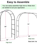 Diagram showing assembly of Outdoor Flower Garden Arch Trellis 7.8 Ft High By 4.6 Ft Wide Metal Garden Pergola Arbor with dimensions.