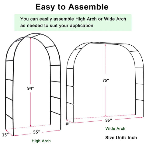 Diagram showing assembly of Outdoor Flower Garden Arch Trellis 7.8 Ft High By 4.6 Ft Wide Metal Garden Pergola Arbor with dimensions.