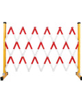 Hardened Steel Expanding Safety Barricade Hella Visible Traffic Barrier With Slick Rolling Casters Top Shelf folding pedestrian gate, red white color.