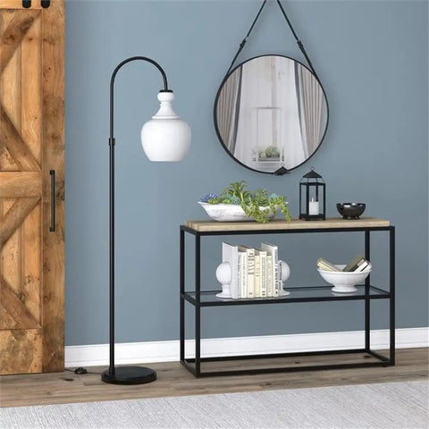 Dope Arc Floor Lamp With Glass Shade In Blackened Bronze And White Milk Glass Modern Standing Lamp in a living room setting