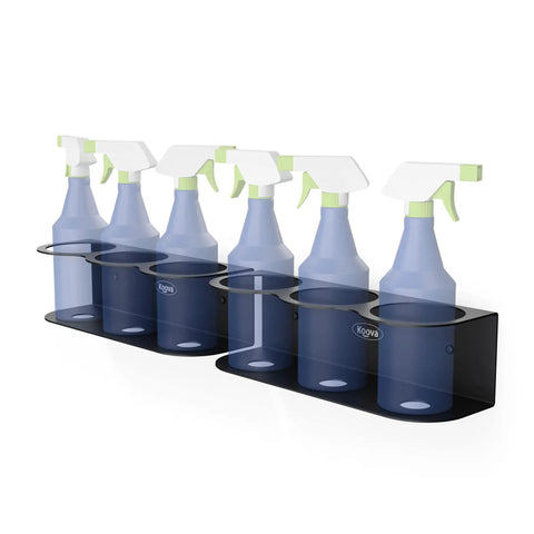 Six spray bottles on must-have all-purpose spray bottle holder wall mount heavy duty powder coated steel storage rack for garage and home.
