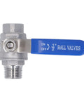 Rock Solid Heavy Duty 1/2 Inch NPT Ball Valve Made From Top Tier 304 Stainless Steel with blue quarter turn handle.