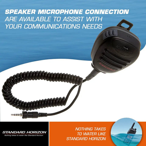 STD-CMP460 Speaker Mic For Most Handheld VHF Radios with coiled cable, clip-on design, and audio jack for push-to-talk functionality.