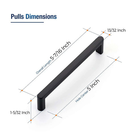 Pull dimensions for Built Tough Matte Black Cabinet Pulls And Drawer Handles With Five Inch Center To Center.